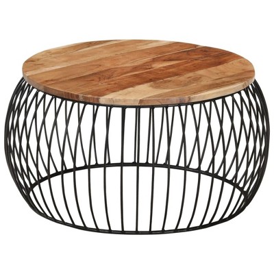 Vintage Round Acacia Wood Coffee Table with Iron Frame