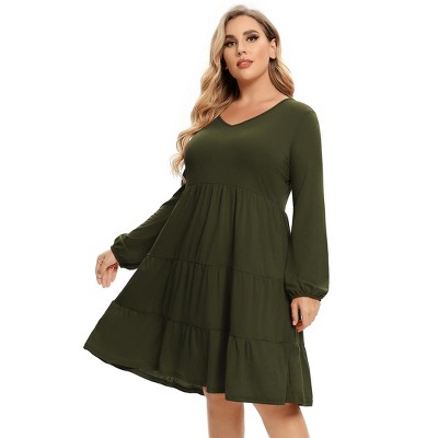 plus Size V-Neck Multi-Layered Ruffle Long Sleeve Dress