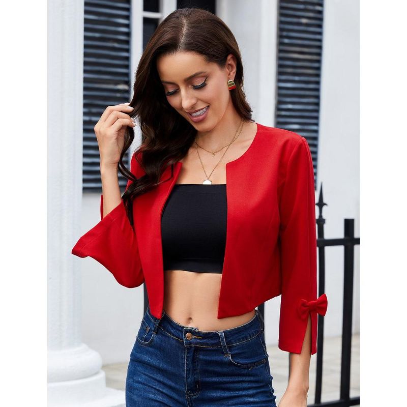 Womens Cropped Blazer Casual Bow Slit Cuff Open Front Collarless Lightweight Work Jacket Cardigan Shrug, 3 of 8