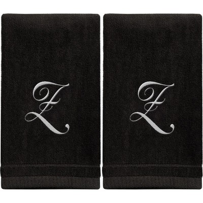 Creative Scents Black Fingertip Monogrammed Towels White Embroidered