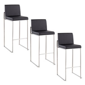 LumiSource Set of 3 Fuji High Back Barstools Stainless Steel/Black PU - 1 of 4
