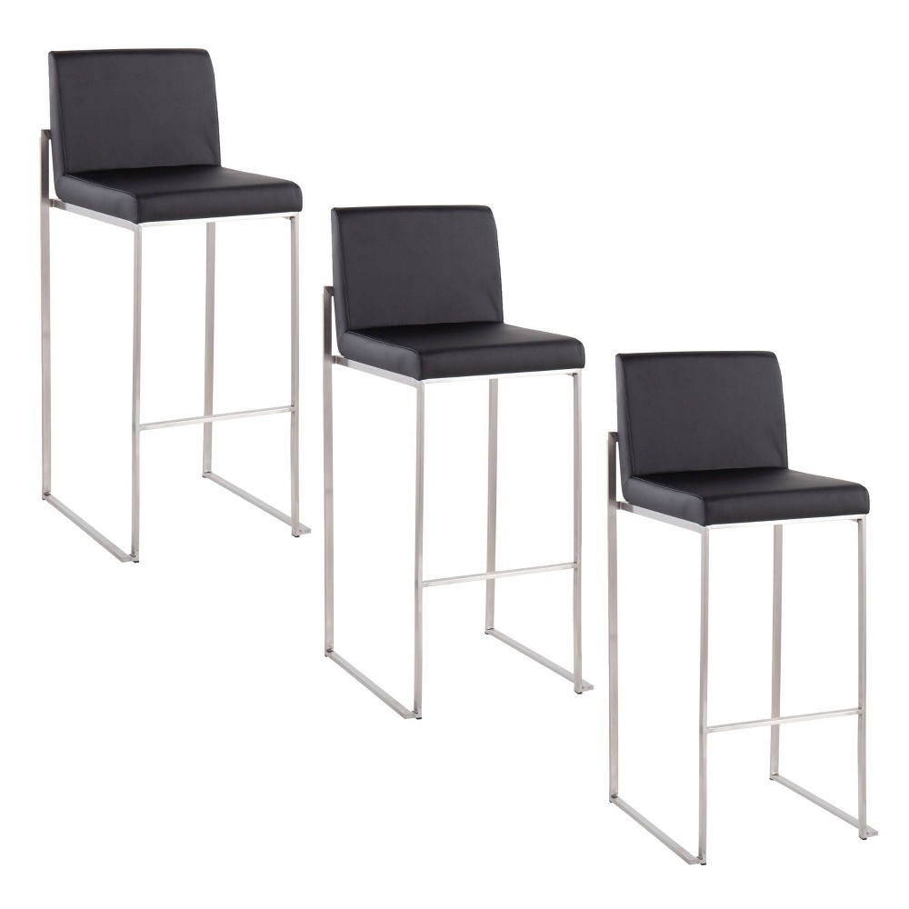 LumiSource Set of 3 Fuji High Back Barstools Stainless Steel/Black PU