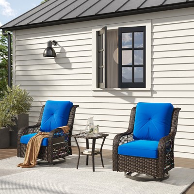 Bestier Outdoor Wicker Swivel Glider Chair with Tempered Glass Table, LED Patio Rocker with 4" Anti-Slip Navy Cushion for Deck/Porch (Dark Brown)