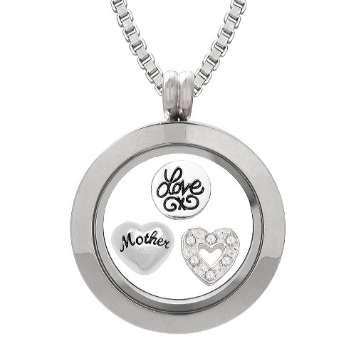 'Treasure Lockets Silver Plated ''Mother'' and ''Love'' Heart Charms Locket with Box Chain Necklace, Women's'