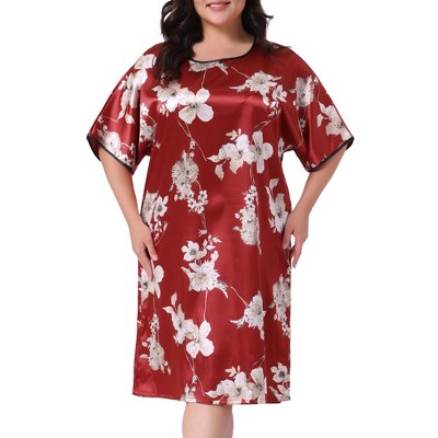 Agnes Orinda Women's Plus Size Satin Floral Print Short Sleeve Round Neck Midi Nightgown