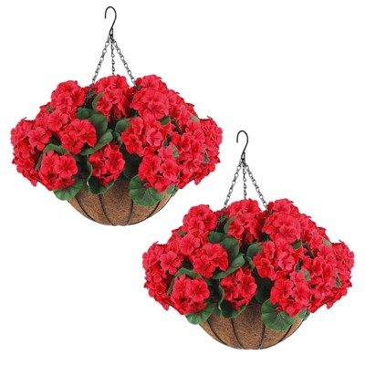 2 Set Artificial Outdoor Geraniums Flowers with Brown Basket, 12 Pcs Geraniums Flowers for Christmas, Front Porch, Garden, Patio, Home Decor, Pink
