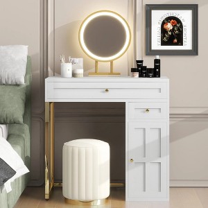 31.5'' Makeup Vanity Desk with Lighted Mirror, Luxury Dressing Table with 2 Drawers and 1 Cabinet, 3 Lighting Modes Available for Bedroom, White-Gold - 1 of 4