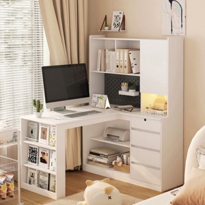 Corner Desk Modern with Storage Drawers and Bookshelf for Home Office 55in Wide - 3irtyhousy - 1 of 4
