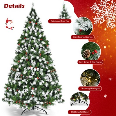 6ft Green Pre-Lit Snow Flocked Christmas Tree with Pine Cones and Red Berries