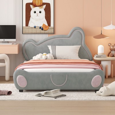 Whisen Velvet Platform Bed with Bear-Shaped Headboard and Bed-End Storage Pocket