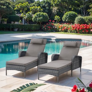 Buenhomino Outdoor Chaise Lounge Chairs Set, Set of 2 Wicker Patio Reclining Chairs with Adjustable Backrest and Cushion, Rattan Lounger for Pool - 1 of 4