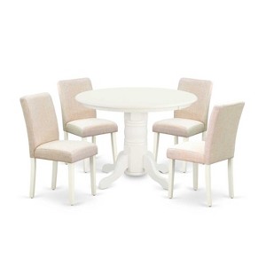 HomeStock 5-Piece Round Linen White Finish Solid Wood Top Dining Table with 4-Parson Chair - 1 of 4