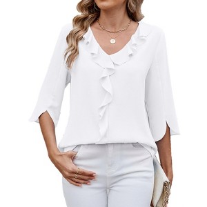 Womens Dressy Casual Blouses 3/4 Sleeve V Neck Ruffle Tops Business Ladies Summer Shirt - 1 of 4