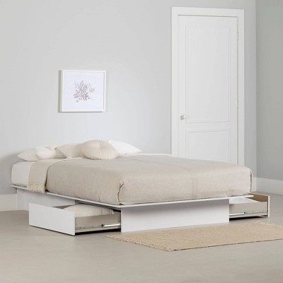 Queen White Wood Platform Bed with Storage Drawers