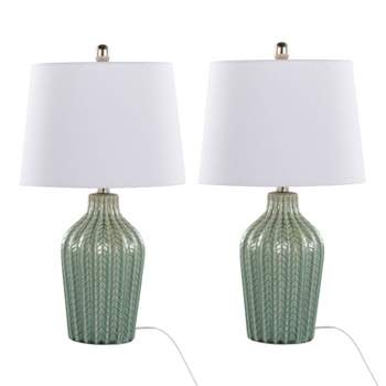 LumiSource (Set of 2) Rockwell 23" Contemporary Accent Lamps Sage Crackle Ceramic Polished Nickel and White Linen Shade from Grandview Gallery
