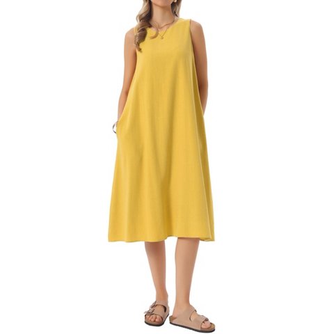 Женские платья INSPIRE CHIC Women's Linen Sleeveless Crew Neck Shift with Pockets Casual Midi Dress Large Yellow