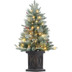3ft Artificial Christmas Tree w/ Warm White Led Lights, Pre-Lit Christmas Tree w/Snowflakes and Red Berries, Christmas Tree with Base - 1 of 4