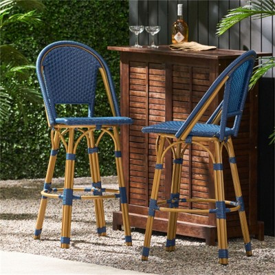 SKRAN 29.5" Outdoor PE Rattan and Aluminum French Barstools, Set of 2, Bamboo Finish  for Garden, Patio, Outdoor