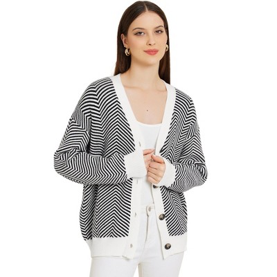 Allegra K Women's Striped Open Front Button Down V Neck Sweater Cardigans