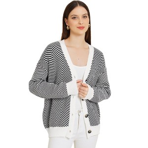 Allegra K Women's Striped Open Front Button Down V Neck Sweater Cardigans - 1 of 4
