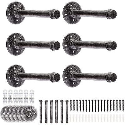 Farmlyn Creek 6 Pack Bronze Metal Industrial Pipe Shelf Brackets with Hardware (9.25 x 3.25 In)