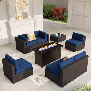 8pc Steel & Wicker Outdoor Fire Pit Set with Cushions Blue - Captiva Designs
