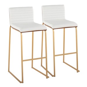 LumiSource Set of 2 30" Mason Mara Barstools Gold Metal Walnut Wood/White PU Leather - 1 of 4