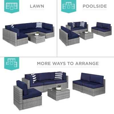 Gray and Navy 7-Piece Outdoor Wicker Sectional Set with Cushions