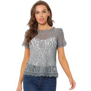 Allegra K Women's Lace Floral Scalloped Trim Short Sleeve Semi Sheer Top - 1 of 4