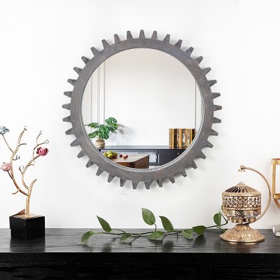 Unique Wall Mirrors,Decorative Circle Mirrors,Round Wood Framed Mirror,Gear Mirror For Bathroom Living Room Office Or Hallway-The Pop Home