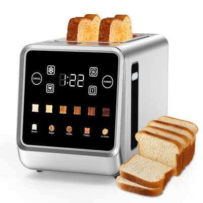 Teendow 900W Stainless Steel 2-Slice Digital Toaster with Touchscreen, Extra-Wide Slots, 5 Bread Settings & 6 Shade Options