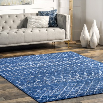 Distressed Moroccan Trellis 4' Square Blue Synthetic Area Rug