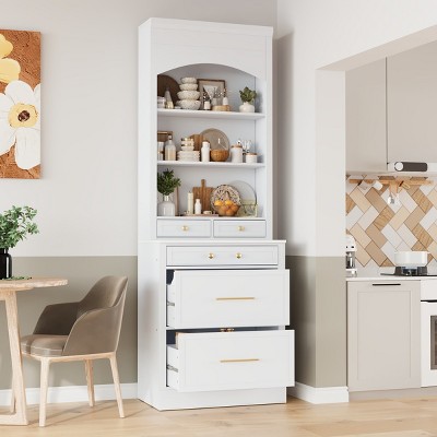 83" Tall Kitchen Pantry Cabinet with Faux Marble Top,  5 Drawers & Open Shelves, Storage Cabinet for Dining Room or Living Room-The Pop Home