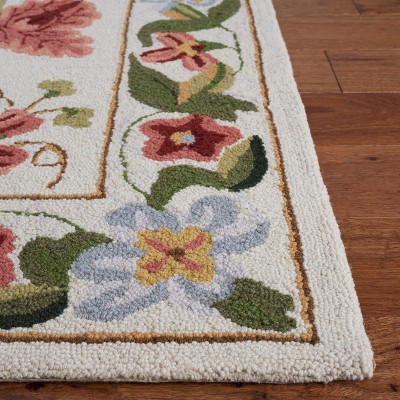 Ivory Floral Hand-Hooked Wool Runner Rug, 2'6" x 10'