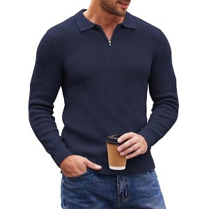 COOFANDY Mens Knit Polo Shirt Quarter Zip Slim Fit Pullover Long Sleeve Sweater Polo - 1 of 4