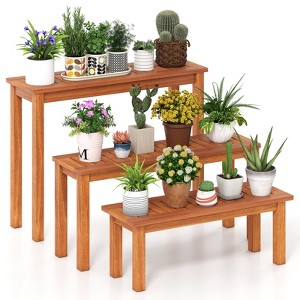 Tangkula Wooden Plant Stand Set of 3 w/ Teak Oil Finish Slatted Top for Patio Garden - 1 of 4