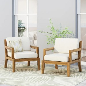 Gulches (SET OF 2) Outdoor Acacia Wood Patio Club Chair, Patio Furniture,Waterproof Thick Cushion Deep Seating, Teak Finish and Beige Cushion - 1 of 4