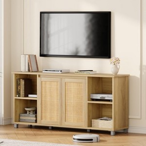 70" TV Stand with Rattan Cabinet Doors, Mid-Century Modern Entertainment Center, Natural Wood - 1 of 4