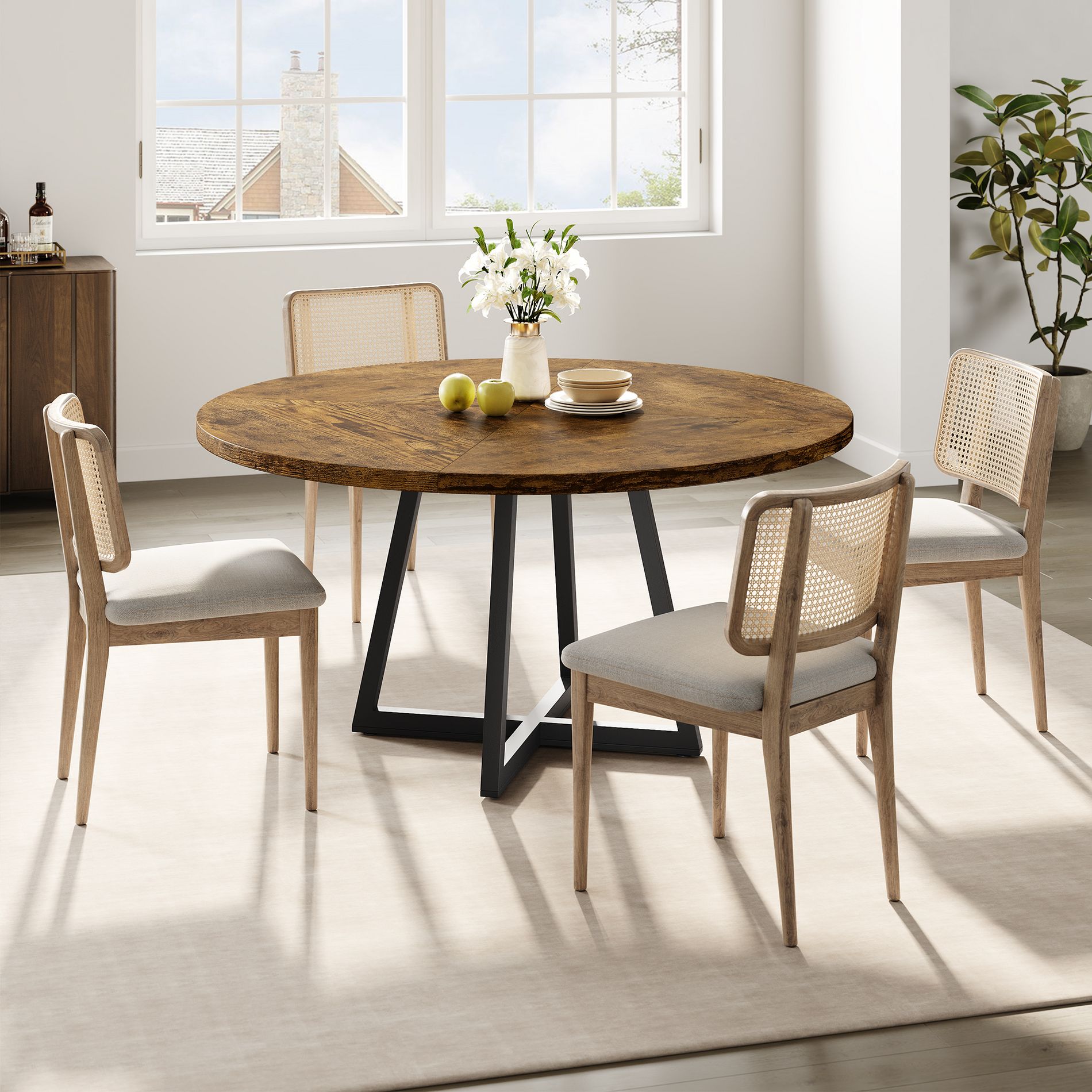 Industrial 47" Round Dining Table, Rustic Wood Top with Metal Base, Farmhouse Kitchen Dinner Table for 4-6, Dining Room or Living Room (No Chairs)