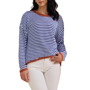 INSPIRE CHIC Women Striped Long Sleeve Drop Shoulder Curved Hem Pullover Top Sweater - 1 of 4