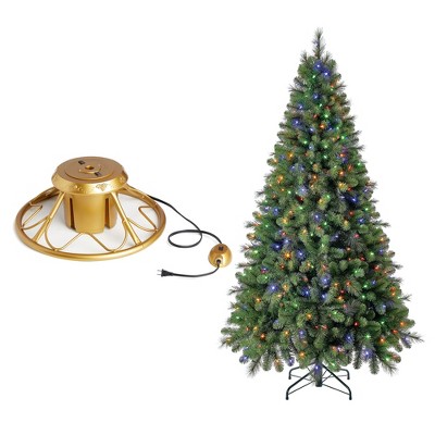 Home Heritage 7 Foot PreLit Artificial Cascade Pine Christmas Holiday Tree and Golden Metal Reliable Rotating Stand with On/Off Switch