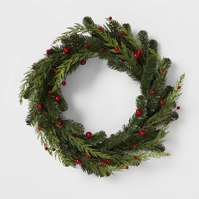 22" Mixed Greenery Pine Artificial Christmas Wreath with Red Berries - Wondershop™