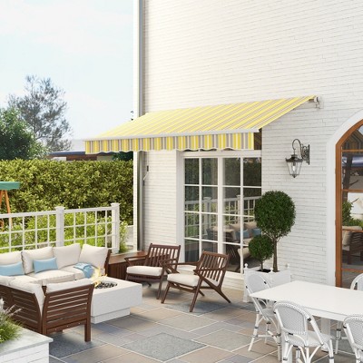 Yellow and Grey Striped Retractable Patio Awning with Aluminum Frame