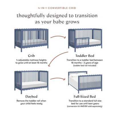 Cove Blue Pine Wood 4-in-1 Convertible Crib with Toddler Bed Kit