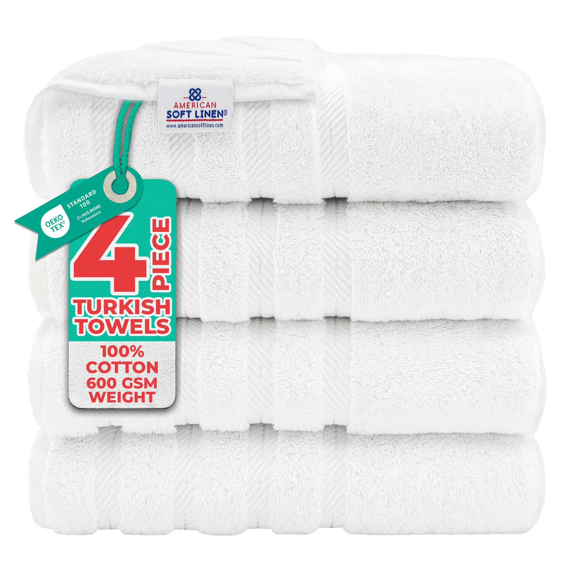 American Soft Linen 4 Pack Bath Towel Set, 100% Cotton, 27 inch by 54 inch Bath Towels for Bathroom, Bright White