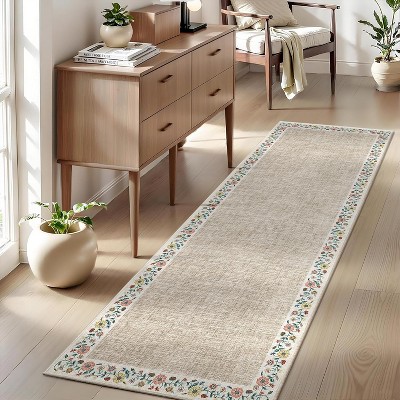 Area Rugs for Living Room Bedroom Modern Floral Bordered Rug Non-Slip Low Pile Accent Carpet Soft Foldable Rug Home Decor