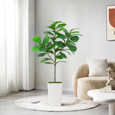 Artificial Fiddle Leaf Fig Tree, Faux Fiddle Leaf Fig Tree with Tall White Planter
