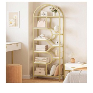 White Gold Bookshelf, 73.6" Tall Etagere Bookcase, Arched Display Rack with 9-Tier Display Open Shelves, Modern Freestanding Bookcase with Metal - 1 of 4