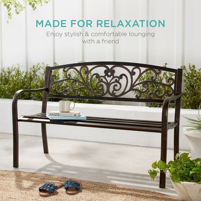 Black Steel Outdoor Bench with Floral Backrest, 52"