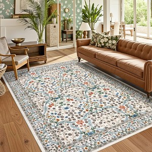 Washable Floral Print Botanical Rug Non Slip Low Pile Rug Soft Floor Cover Foldable Indoor Carpet for Living Room Bedroom Home Office - 1 of 4